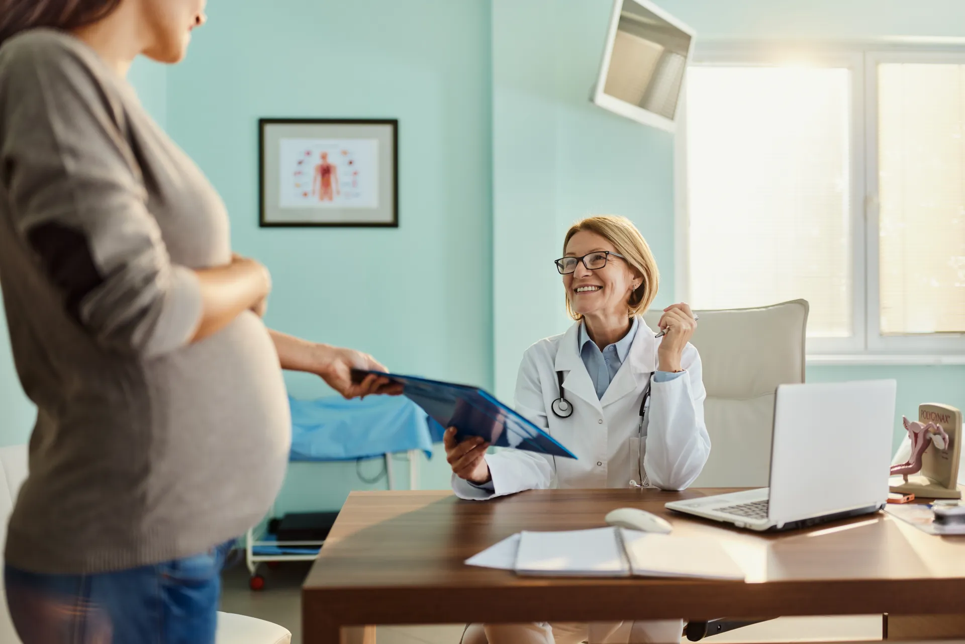 Fertility specialist consulting with an expectant mother in a warm welcoming office